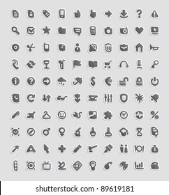 Sticker button set. 100 icons for business, entertainment, technology and education. Vector illustration.
