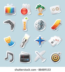 Sticker button set. Icons for entertainment, travel and arts. Vector illustration.