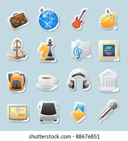 Sticker button set. Icons for entertainment, travel and arts. Vector illustration.