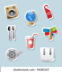 Sticker button set. Icons for entertainment, travel and arts. Vector illustration.