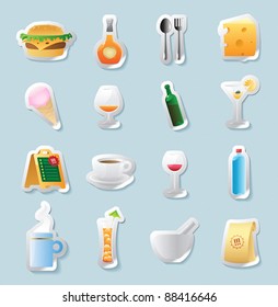 Sticker button set. Icons for food and drinks. Vector illustration.