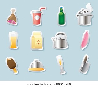 Sticker button set. Icons for food and drinks. Vector illustration.
