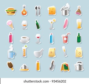 Sticker button set. Icons for food and drinks. Vector illustration.