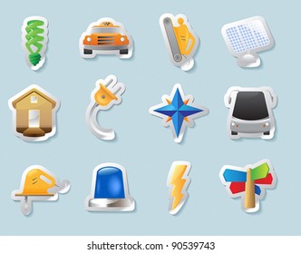 Sticker button set. Icons for industry, construction and energy. Vector illustration.