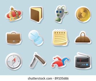 Sticker button set. Icons for personal belongings. Vector illustration.
