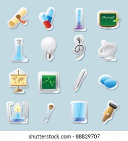 Sticker button set. Icons for science, medicine and education. Vector illustration.