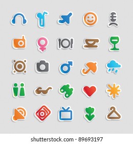 Sticker button set. Multicolored icons for travel and entertainment. Vector illustration.