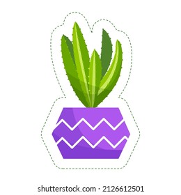 Sticker Cacti and succulent plants in flower pots. Vector sticker set of cute green cacti and succulents in pots. Collection of houseplants in pots. Isolated on white background