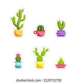 Sticker Cacti and succulent plants in flower pots. Vector sticker set of cute green cacti and succulents in pots. Collection of houseplants in pots. Isolated on white background