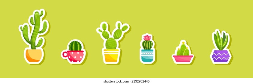 Sticker Cacti and succulent plants in flower pots. Vector sticker set of cute green cacti and succulents in pots. Collection of houseplants in pots. Isolated on white background