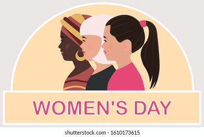 Sticker, card for International Women's Day. Three young women of different nationalities together. White and black skin, blonde, brunette. Concept of feminism, struggle and strength of girls. Womens