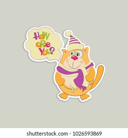 Sticker with a caring cat and with a question. How are you? Design for mobile messaging, scrapbooking, for printing on clothes or dishes.