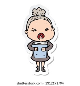 sticker of a cartoon angry old woman