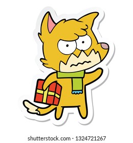 sticker of a cartoon annoyed fox carrying gift