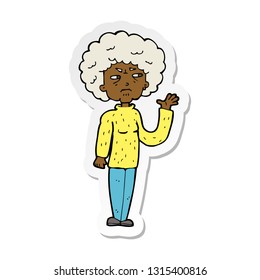 sticker of a cartoon annoyed old woman waving