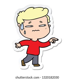 sticker of a cartoon anxious man pointing