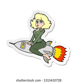 sticker of a cartoon army pin up girl riding missile