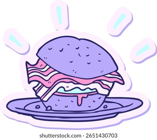 sticker of a cartoon bacon sandwich in bright neon color