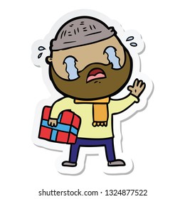 sticker of a cartoon bearded man crying with christmas present