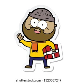 sticker of a cartoon bearded man with present