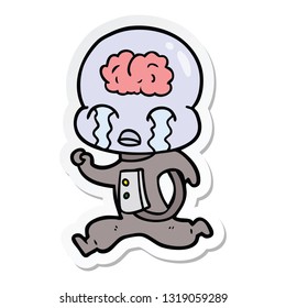 sticker of a cartoon big brain alien crying running
