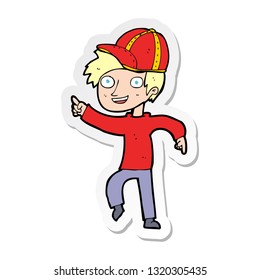 pegatina de un niño de dibujos animados con el gorro apuntando