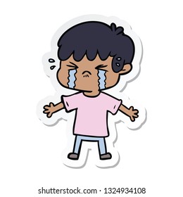 sticker of a cartoon boy crying