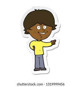 sticker of a cartoon boy laughing and pointing