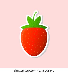 Sticker cartoon bright natural strawberry on a light red background. Vector illustration.