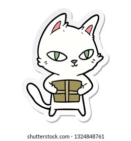 sticker of a cartoon cat holding parcel
