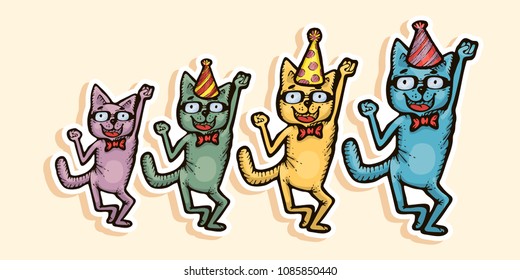 Sticker Cartoon Cats dance. Colourful illustration executed manually. Vector picture of stock.