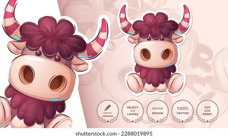 Sticker cartoon character adorable bull, pretty animal idea for print t-shirt, poster and kids envelope, postcard. Cute hand drawn style cow. Vector eps 10