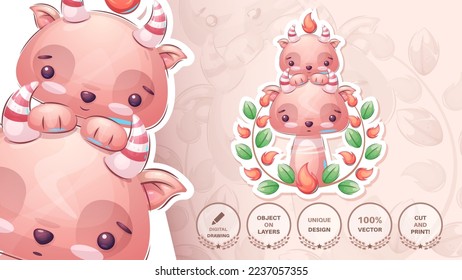 Sticker Cartoon Charakter bezaubernden Teufel, schöne Tieridee für Print-T-Shirt, Poster und Kinder-Umschlag, Postkarte. Frisch gezeichneter Stiltebel. Vektor eps10