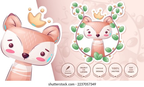 Sticker cartoon character adorable fox, pretty animal idea for print t-shirt, poster and kids envelope, postcard. Cute hand drawn style fox. Vector eps 10