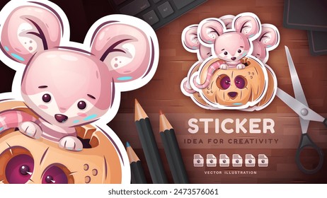 Sticker cartoon character adorable mouse, pretty halloween idea for print t-shirt, poster and kids envelope, postcard. Cute hand drawn style rodent. Vector eps 10