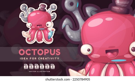 Sticker cartoon character adorable octopus, pretty animal idea for print t-shirt, poster and kids envelope, postcard. Cute hand drawn style octopus.