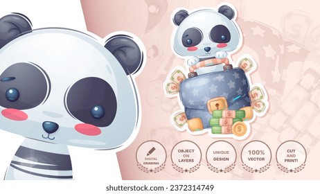 Sticker cartoon character adorable panda, pretty animal idea for print t-shirt, poster and kids envelope, postcard. Cute hand drawn style animal. Vector eps 10