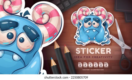 Sticker cartoon character adorable sad monster, pretty animal idea for print t-shirt, poster and kids envelope, postcard. Cute hand drawn style monster. Vector eps 10