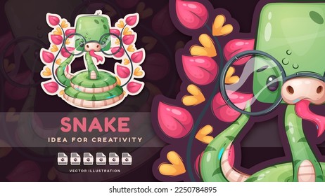 Sticker cartoon character adorable snake, pretty animal idea for print t-shirt, poster and kids envelope, postcard. Cute hand drawn style snake.