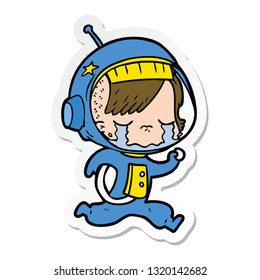 sticker of a cartoon crying astronaut girl running