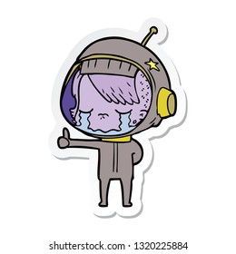 sticker of a cartoon crying astronaut girl making thumbs up sign