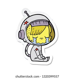 sticker of a cartoon crying astronaut girl sitting