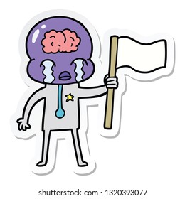 sticker of a cartoon crying big brain alien waving a flag