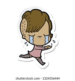 sticker of a cartoon crying girl running away