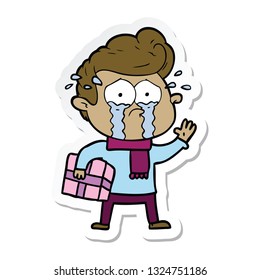 sticker of a cartoon crying man with present