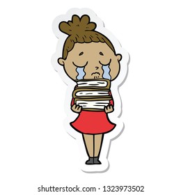 pegatina de una mujer llorando de caricatura con un montón de libros