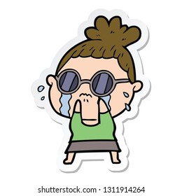 sticker of a cartoon crying woman wearing sunglasses
