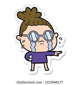 sticker of a cartoon crying woman wearing spectacles