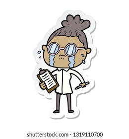 sticker of a cartoon crying woman wearing spectacles