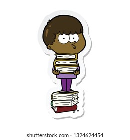 sticker of a cartoon curious boy with lots of books